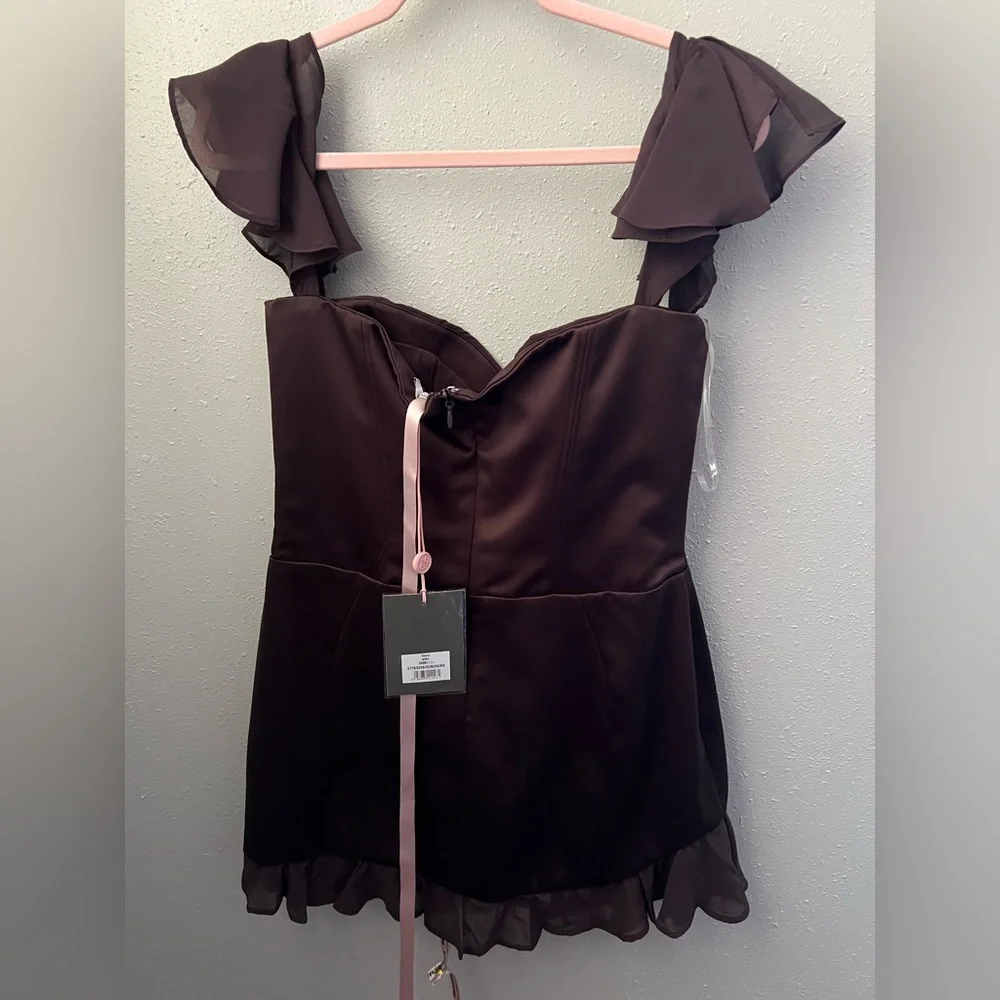 House of CB DIONNE Espresso Ruffle Corset Mini Dress Size L+ New - Picture 8 of 16